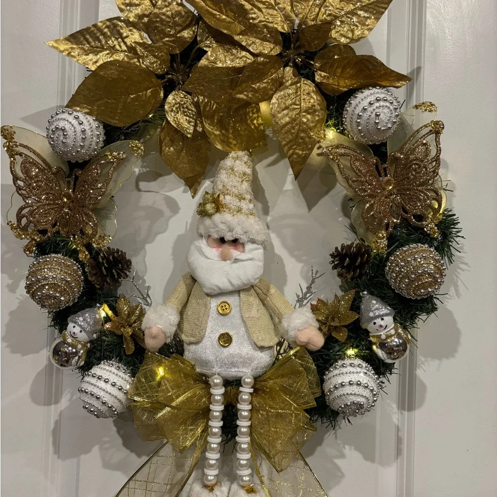 Gold and White Holiday Wreath with Santa